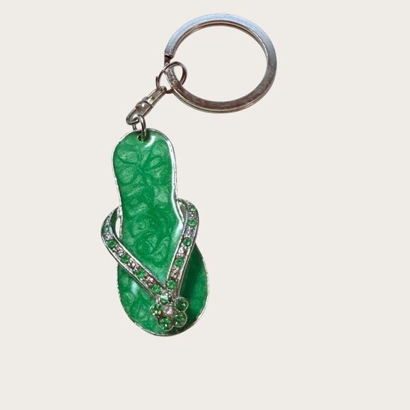Caribbean Green Flip Flop Keychain Keyring Rhinestones Vacation Travel - Picture 1 of 3